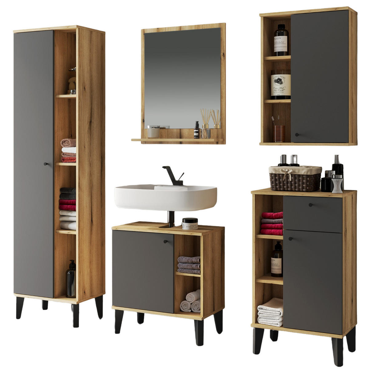 BADMÖBEL-SET 5-teilig grau, Evoke Eiche, Badkombination, 182 x 190 cm - Eichefarben/Grau, Glas/Holzwerkstoff (182/190/33cm) - Furn.Design