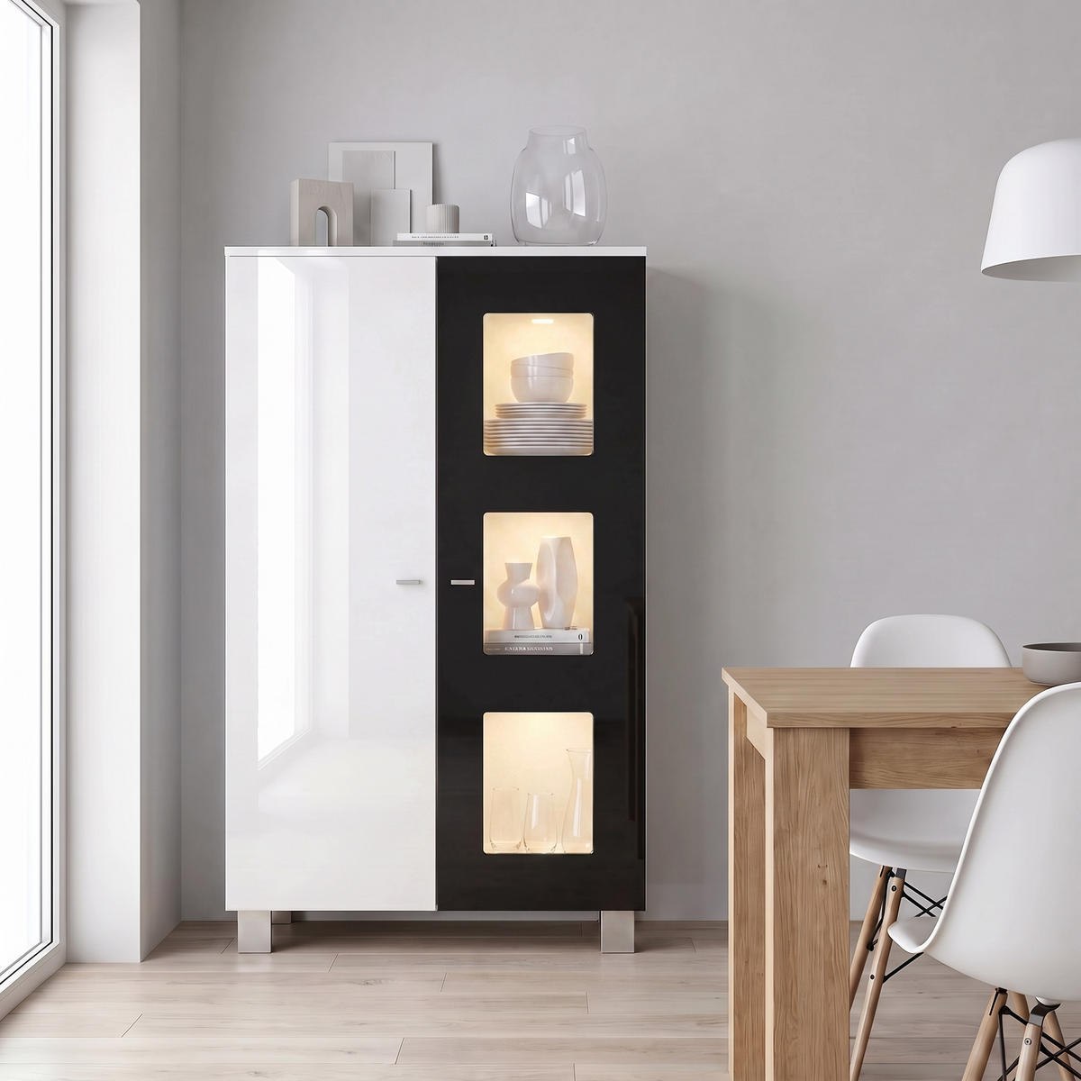VITRINE Denjo Tür in Schwarz Hochglanz - Schwarz Hochglanz, Holzwerkstoff (71/129/35cm) - Vladon