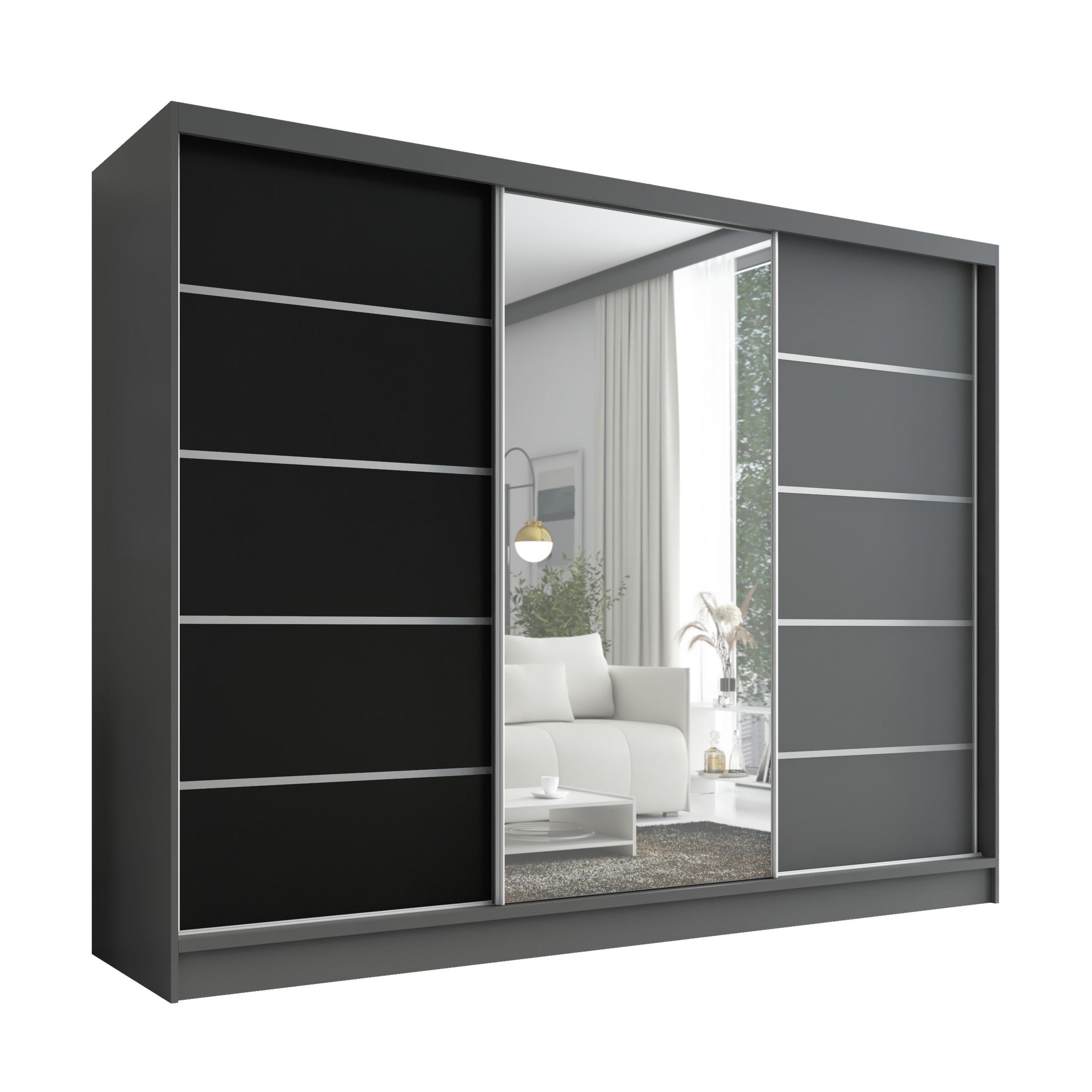 A&J MöbelLand SCHWEBETÜRENSCHRANK Graphit, Schwarz, Graphit 200cm × 60cm × 215cm