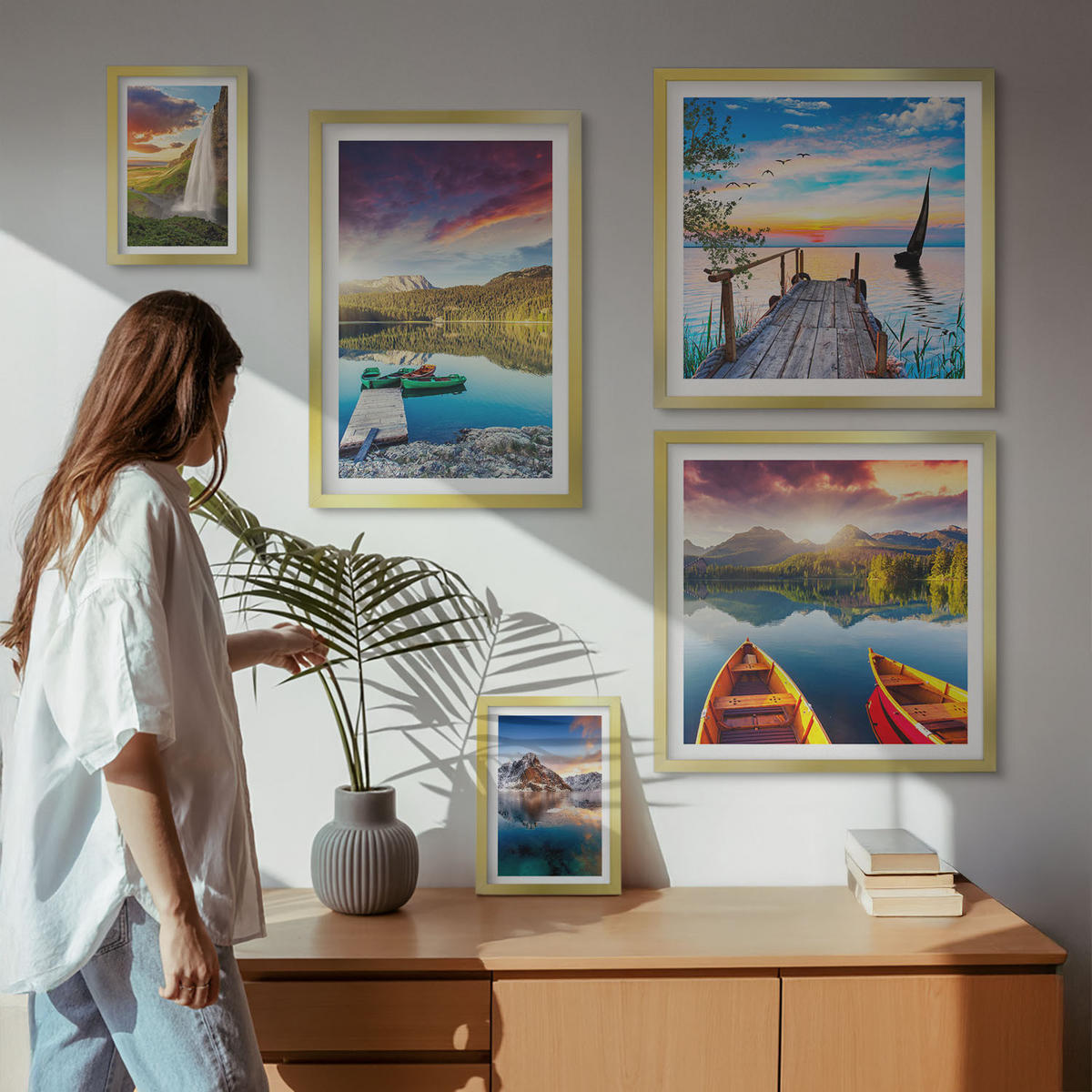 BILDER SET 5er Set - 50x50 cm & 20x30 cm & 40x60 cm Goldrahmen - Seen- und Berglandschaft Łódź - Goldfarben, Kunststoff (40/60cm) - TULUP