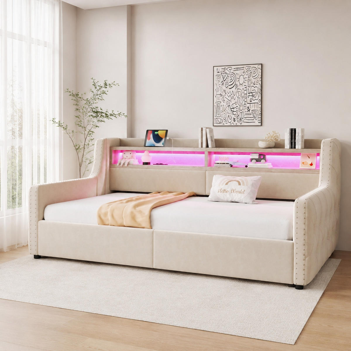 POLSTERBETT 90/200 mit Bettkasten, LED-Beleuchtung, USB-C, Steckdose und Lattenrost in Beige - Beige, Holzwerkstoff/Textil (90/200cm) - EVRYAE