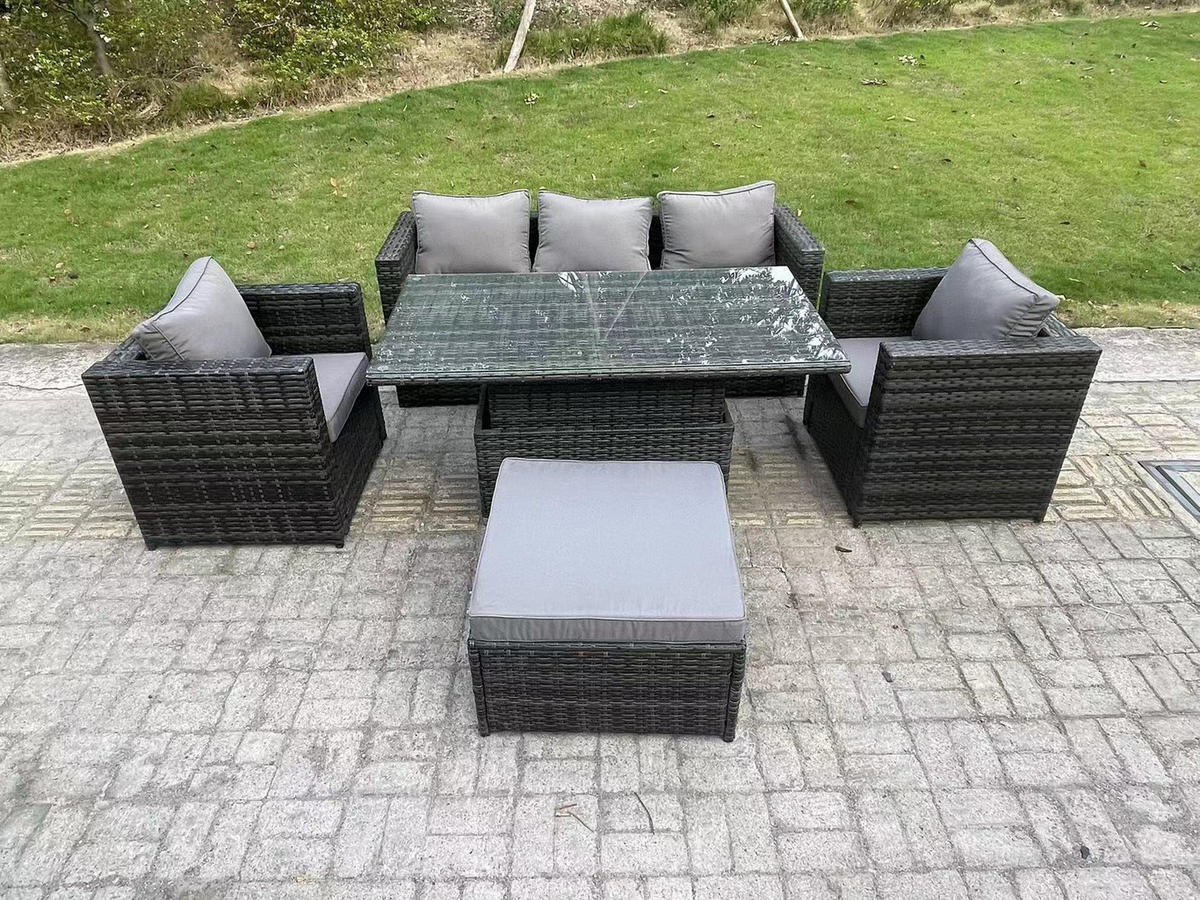 GARTENSET Polyrattan 6-Sitzer - Dunkelgrau/Grau, Glas/Kunststoff - Fimous