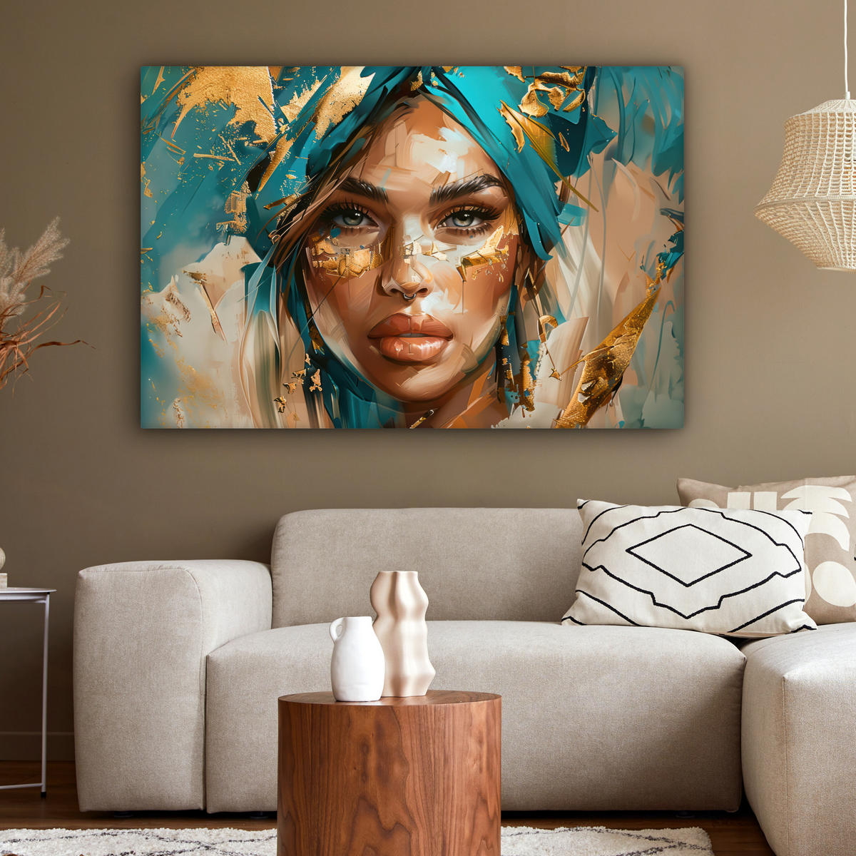 OBRAZ NA PLÁTNE Žena - Portrét - Zlato - Luxus - Modrá 140x90 cm - tyrkysová, textil (140/90cm) - MuchoWow