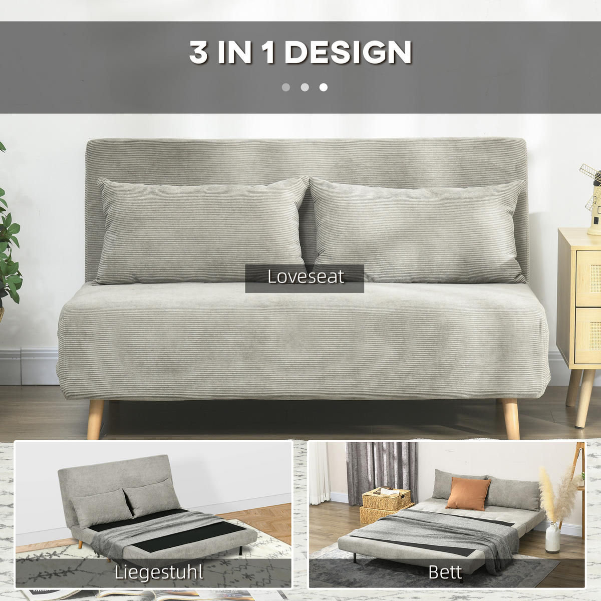SCHLAFSOFA, Klappbett mit Bettfunktion, Rückenkissen, Polstersofa mit Samtoptik - Buchefarben/Grau, Buchenholz/Textil (90/81/141cm) - HOMCOM