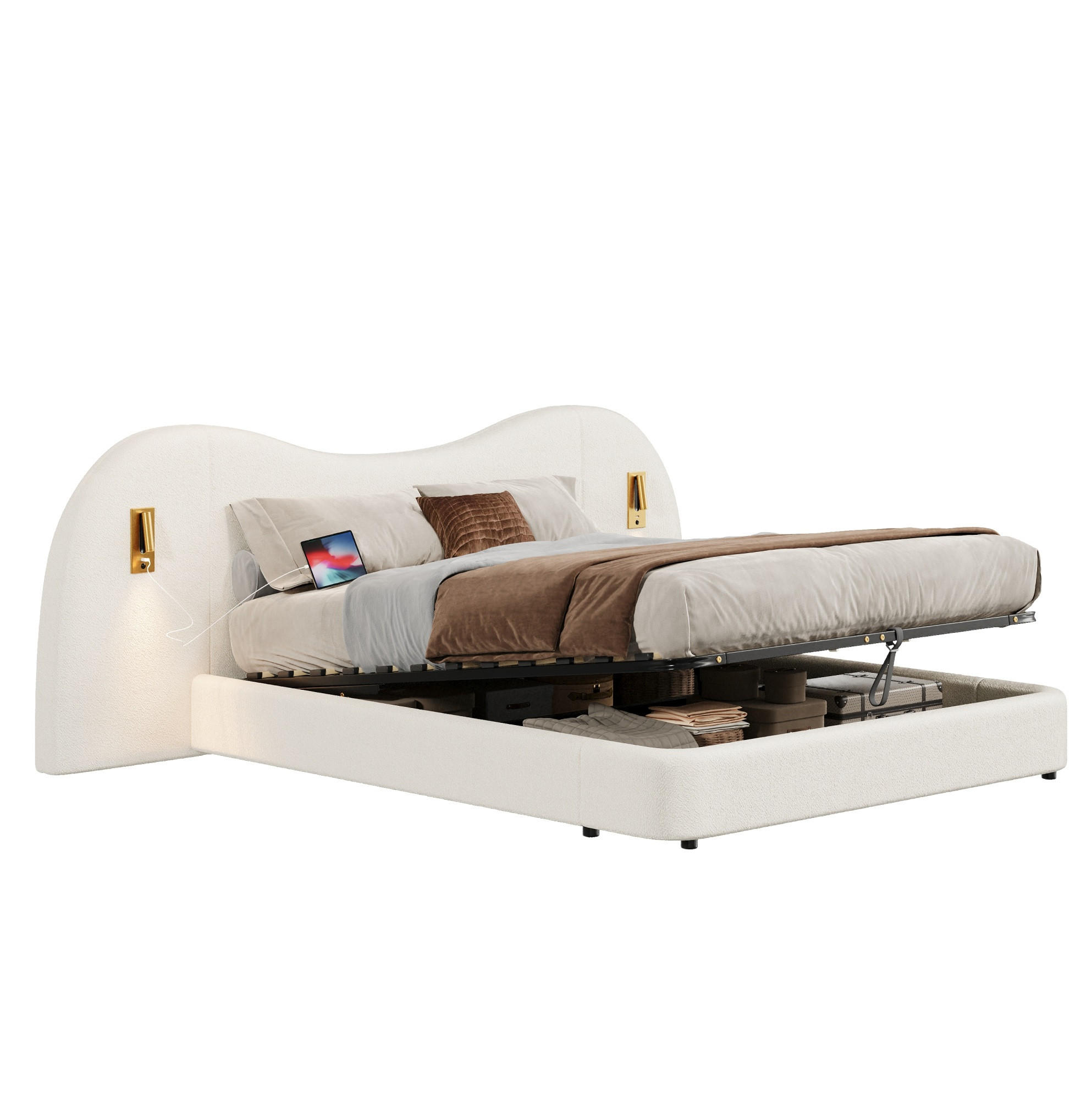 POLSTERBETT 180/200 cm mit Bettkasten, USB-Anschluss und Leselampen in Weiß - Weiß, Textil (180/200cm) - BEAOK