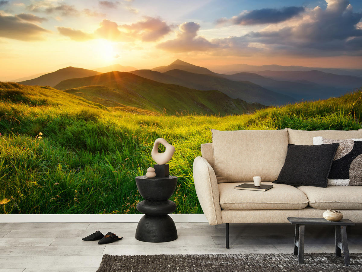 FOTOTAPETE für Wohnzimmer Sonnenuntergang Berge Wiese Gras 400x280 - Gelb/Beige, Papier (400/280cm) - Muralo