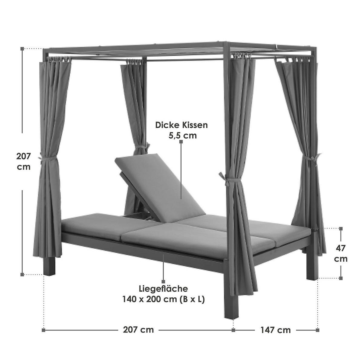 DOPPELLIEGE Loungebett Kreta grau/ dunkelgrau - Grau, Metall (147/207/207cm) - Juskys