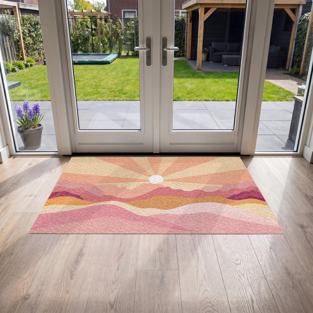 FUSSMATTE Berge - Abstrakt - Sonnenstrahlen - Rosa Sauberlaufmatte 150x90 cm - Rosa, Kunststoff (150/90cm) - MuchoWow