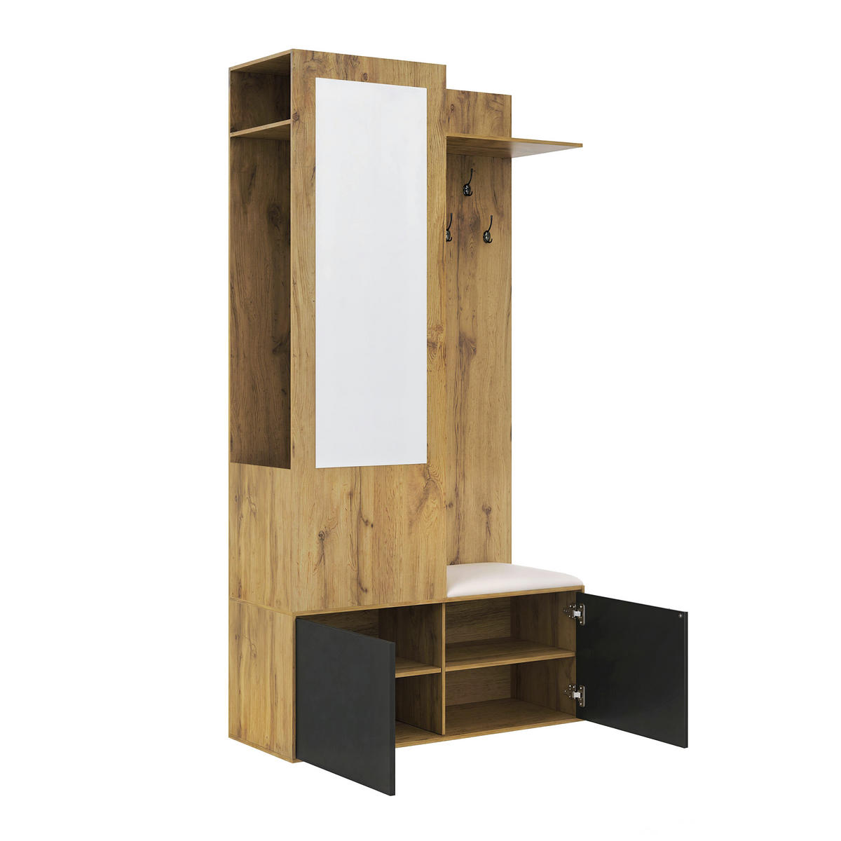 GARDEROBE mit Spiegel, Schuhablage und Sitzbank, 5 Haken, 100/38/191 cm - Schwarz, Holzwerkstoff (100/191/38cm) - BEAOK