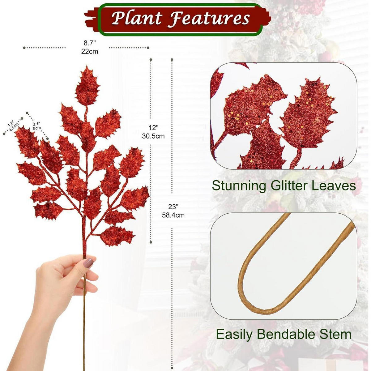 KUNSTZWEIG 6-teiliges Set Glitzernde Eichenblätter Rot 58 cm - Rot, Kunststoff (8cm)