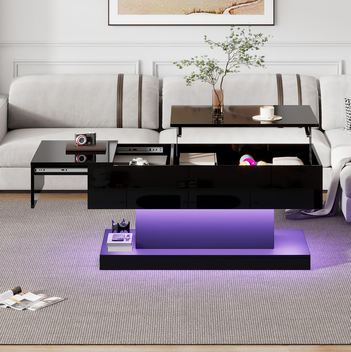 COUCHTISCH mit Liftfunktion 100x50x45 cm Hochglanz Schwarz mit LED - Schwarz, Holzwerkstoff (100/50/45cm) - Meubliv