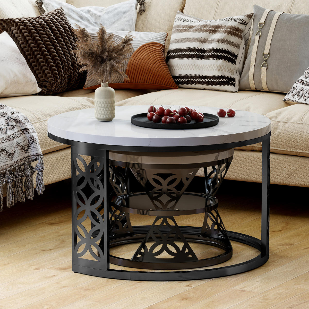 COUCHTISCH-SET mit Marmoreffekt und Metallrahmen Basis, Stapelbarer Beistelltisch Set 70/70/45 cm + 45/45/37 cm, Weiß und Schwarz - Weiß, Holzwerkstoff (70/70/45cm) - Redom