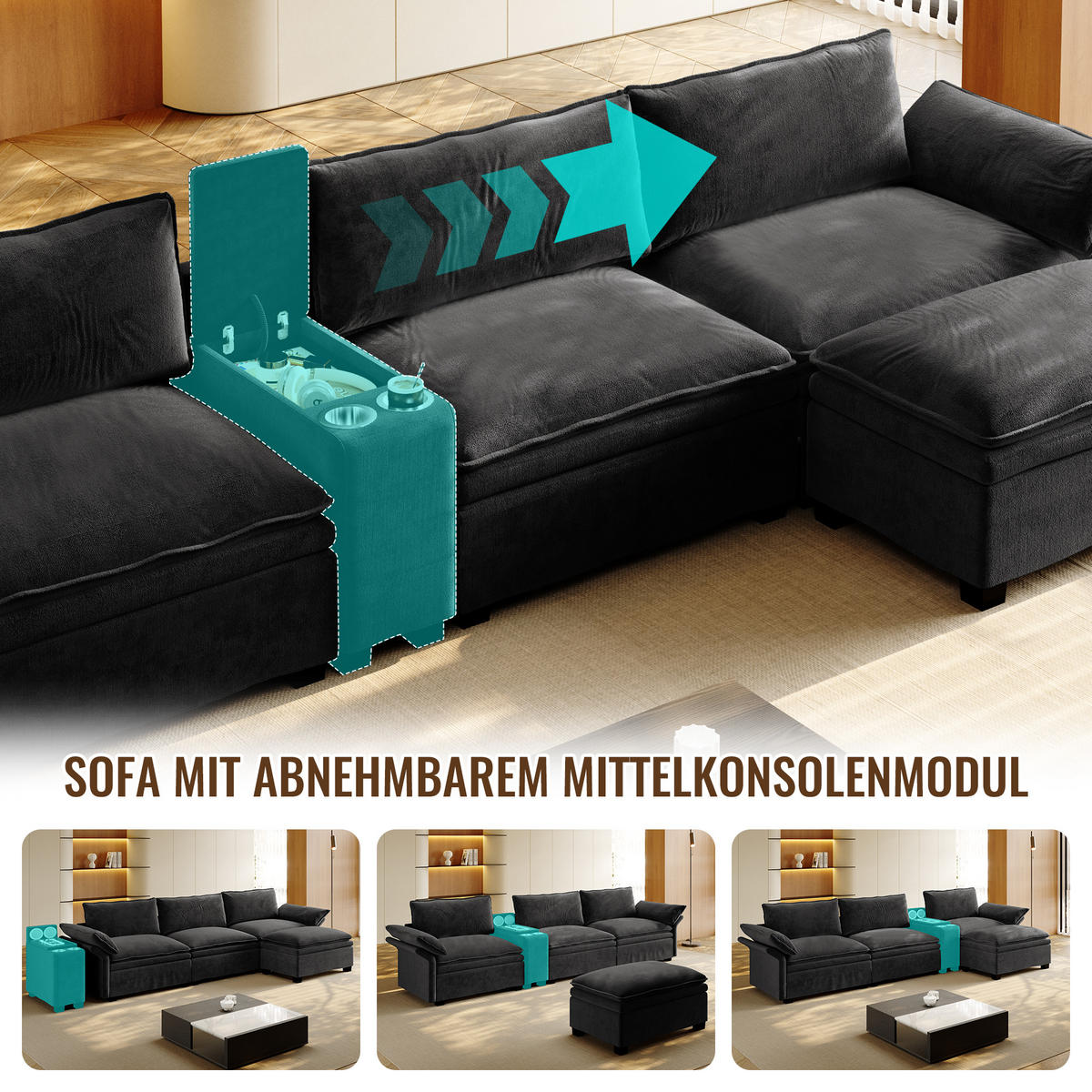 4-SITZER ECKSOFA Chenille Schwarz mit Stauraum, LED und USB - Schwarz, Holzwerkstoff/Textil (315/70cm) - WISHDOR