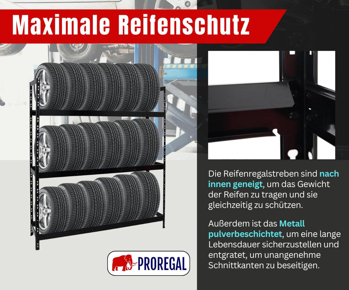REIFENREGAL Tiger XL 200x180x45 cm 300 kg Fachlast bis zu 21 Reifen auf 3 Ebenen Schwarz - Schwarz, Metall (180/200/45cm) - PROREGAL
