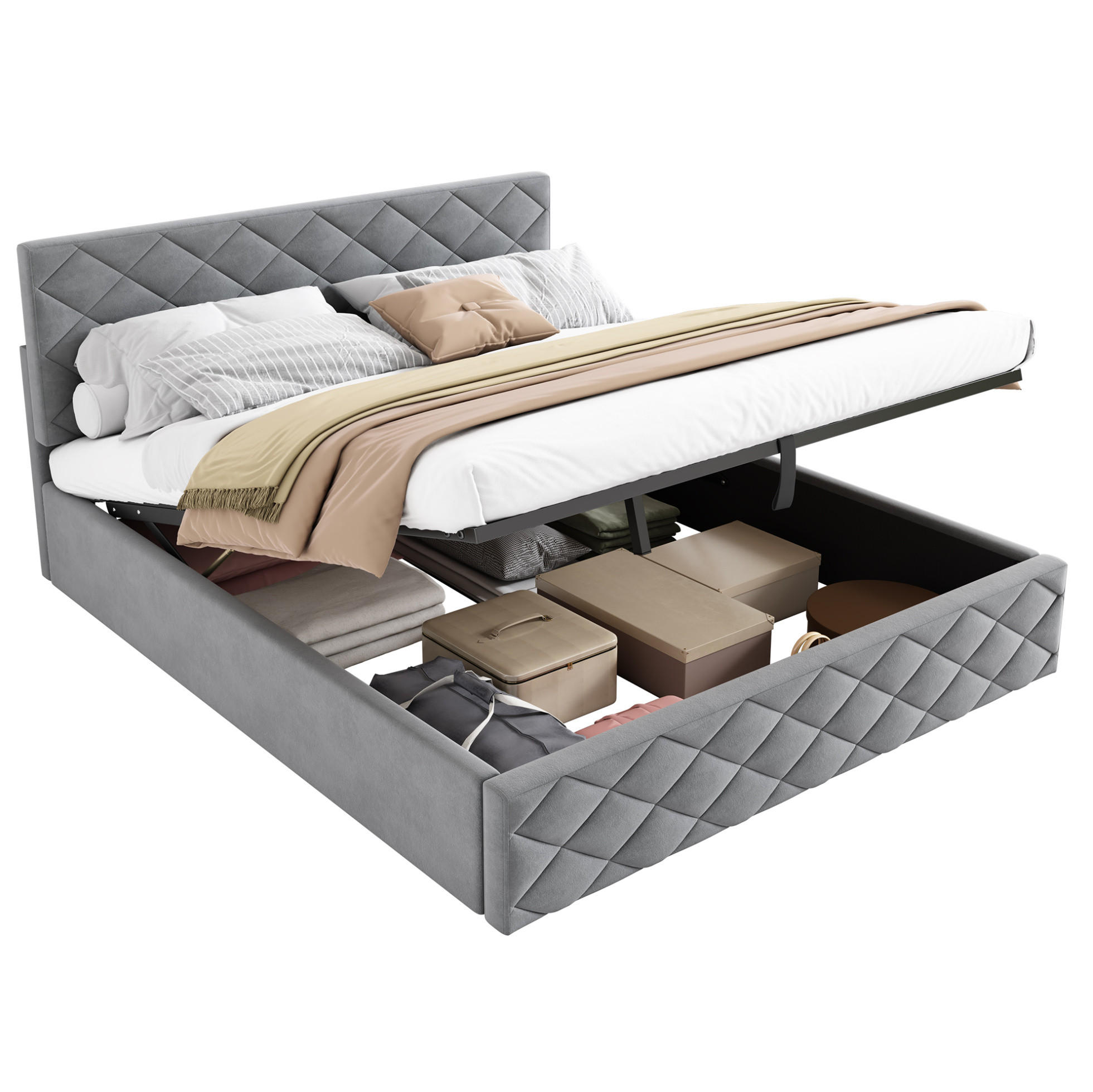 SAMT-POLSTERBETT 140/200 cm in Grau mit Bettkasten und Lattenrost - Grau, Textil (140/200cm) - BEAOK