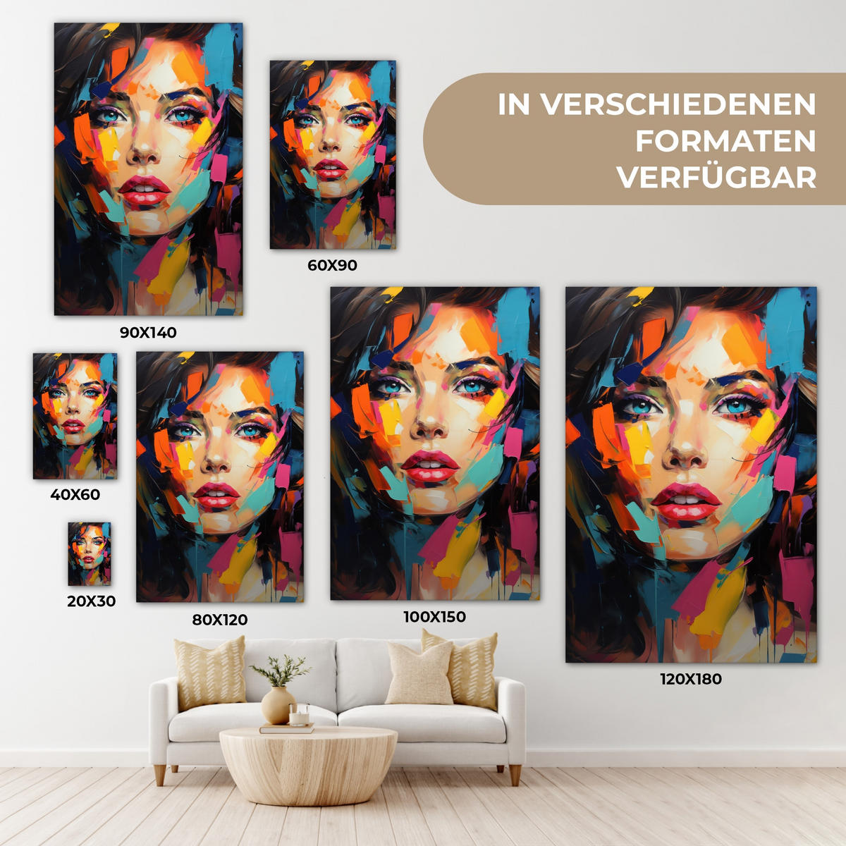 LEINWANDBILD Frau - Porträt - Farbenfroh - Kunst 40x60 cm - Multicolor, Textil (40/60cm) - MuchoWow