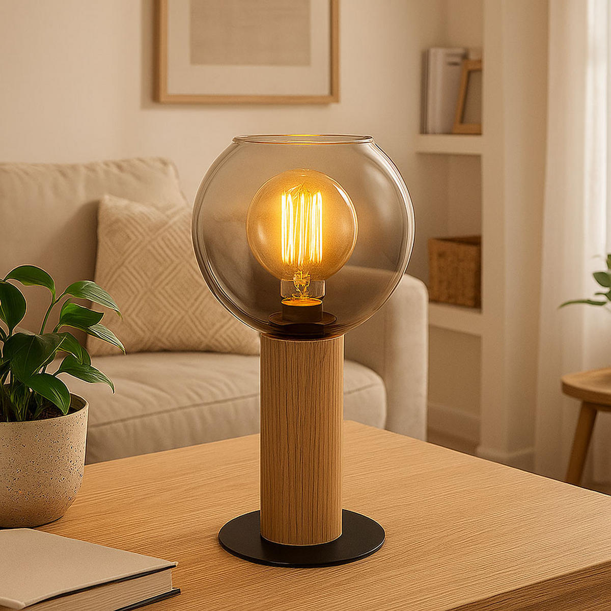 TISCHLEUCHTE MOITAS Rauch Schwarz Metall - Braun, Holz (15/15/30cm) - Globo Lighting