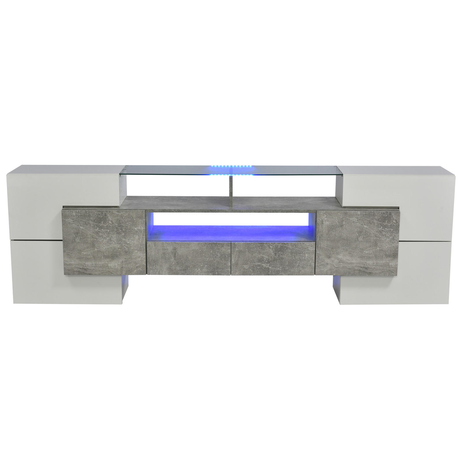 TV Lowboard LED, 6 Türen, 2 Schubladen, Grau Weiß - Weiß, Holz (200/60/30cm)