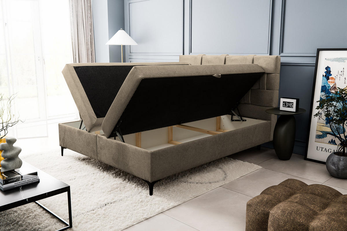 BOXBETT Charlotte mit 2 Bettkästen, Maße: 160x200 cm, Farbe: Braun, Velourstoff, mit Bonell-Matratze inkl. Topper - Braun, Holz/Kunststoff (160/200cm) - VENASI MÖBEL