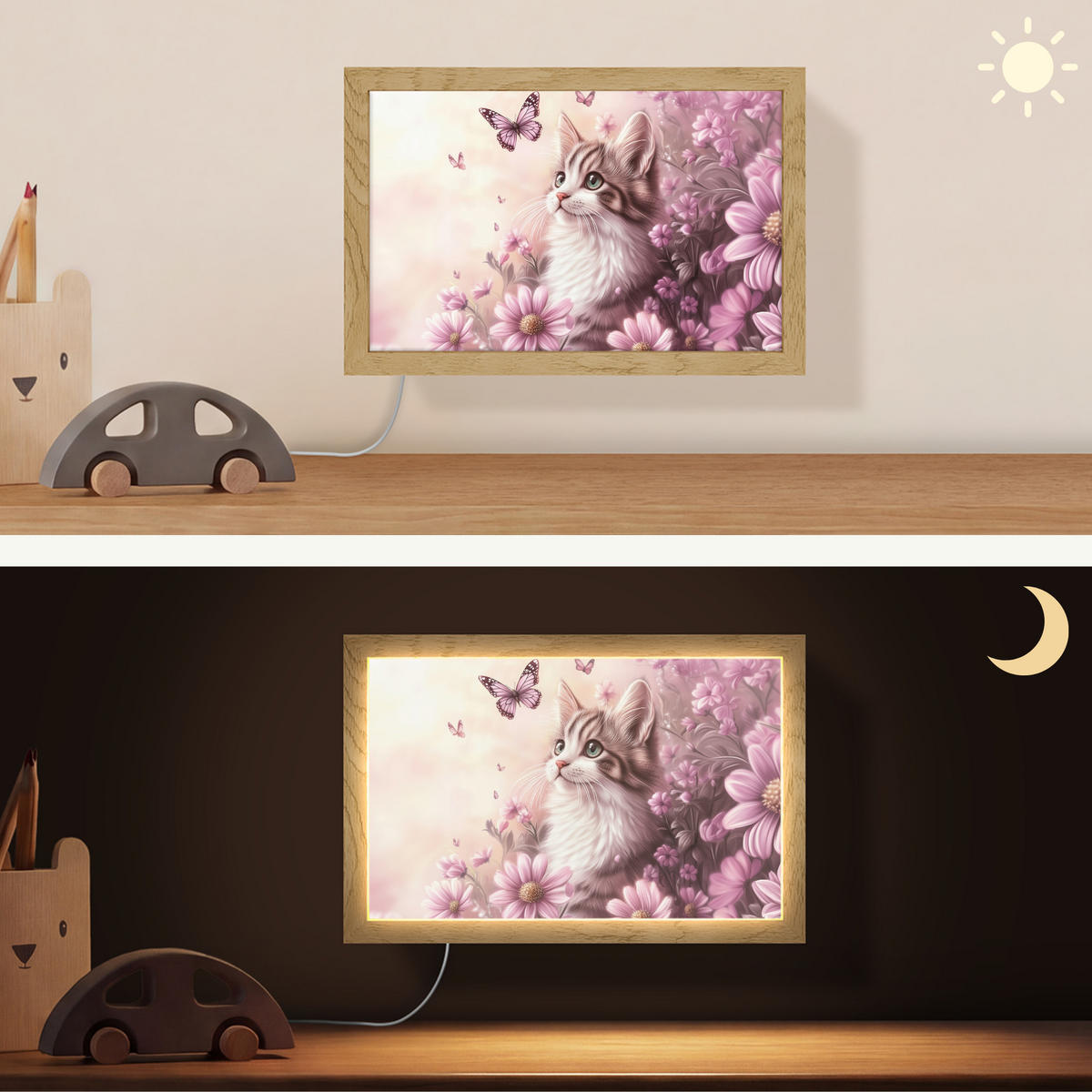 NÁSTĚNNÁ LAMPA Koťátko - Květiny - Motýli - Fialová 30x20 cm - starorůžová, kompozitní dřevo (30/20/8cm) - OnlyWow
