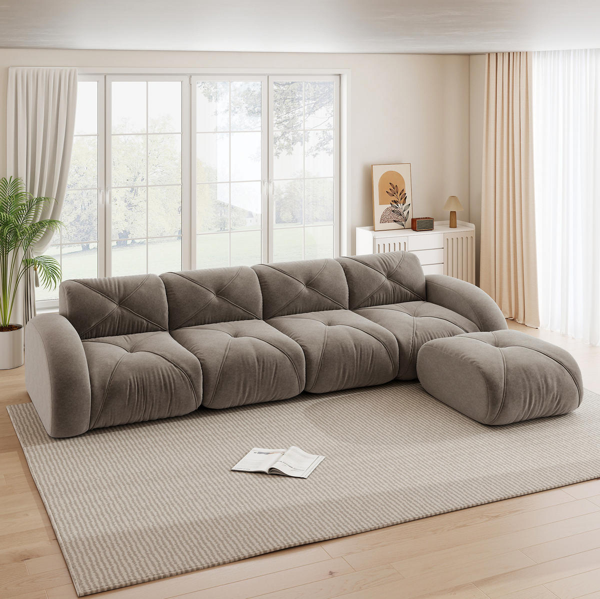 ECKSOFA in Taupe aus Chenille mit Hocker und flexibler Gestaltung - Taupe, Textil (171/358cm) - Flora Grace