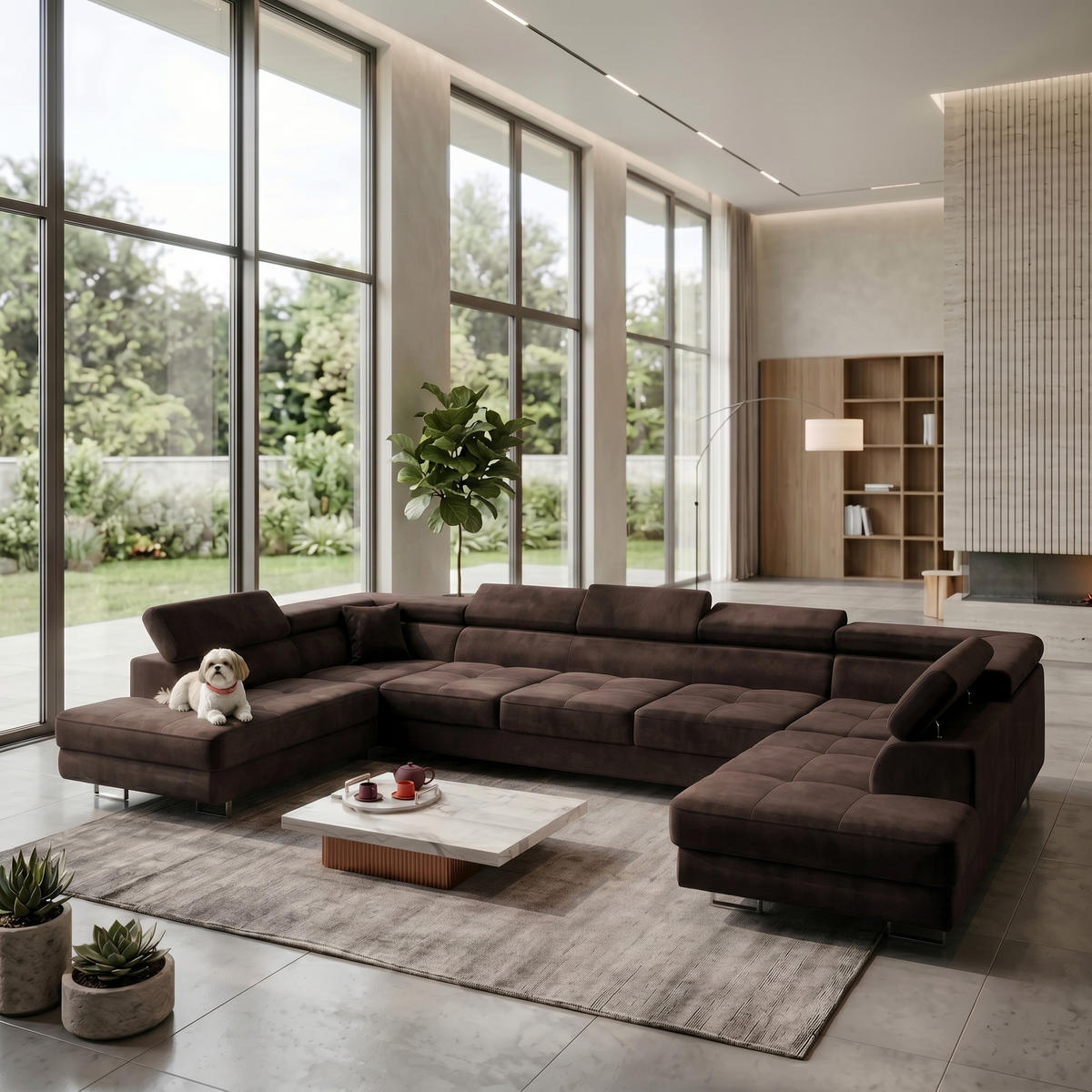 ECKSOFA U-Form WILD MAXI U2 mit Schlaffunktion 125x329 Velours Braun - Chromfarben/Braun, Holz/Textil (400/90/203cm) - Muffo