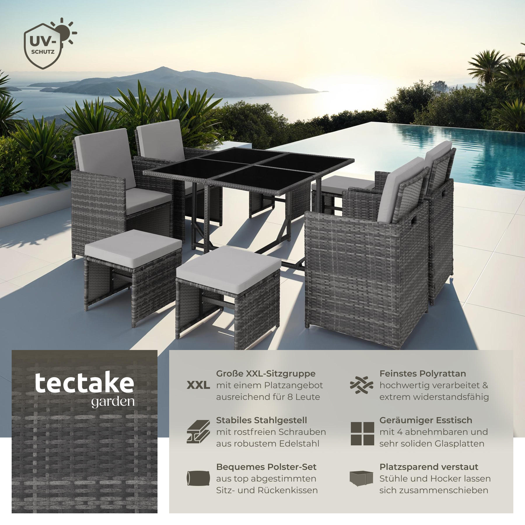 RATTAN SITZGRUPPE Bilbao,zusammenschiebbar, inklusive Schutzhülle,grau - Grau, Kunststoff - tectake