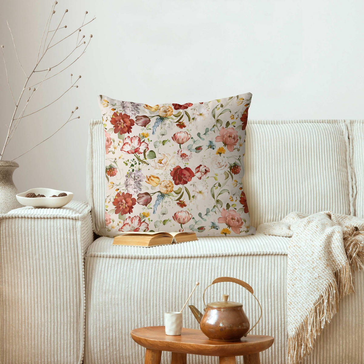 DEKOKISSEN Blumen Aquarell Vintage Muster auf Beige 40/40 cm - Eichefarben, Textil (40/40/10cm) - Bilderwelten