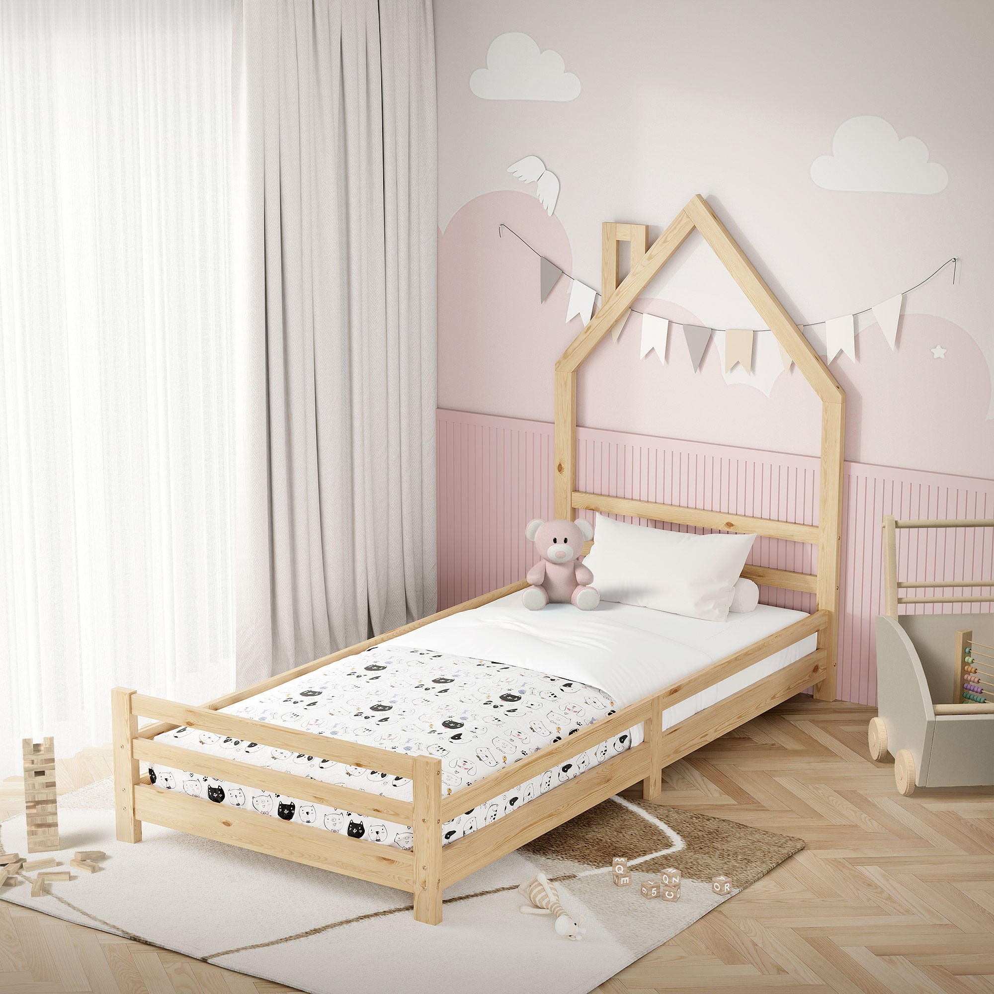 KINDERBETT Haus 90x200 cm mit Matratze Natur Kiefernholz - Naturfarben, Holz (90/200cm) - ML-DESIGN