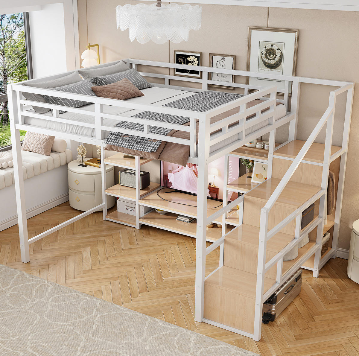 HOCHBETT 140/200 cm mit TV-Ständer, Steckdose und Aufbewahrungsleiter, Metall-MDF-Kombination, Weiß - Weiß, Holzwerkstoff (140/200cm) - Redom