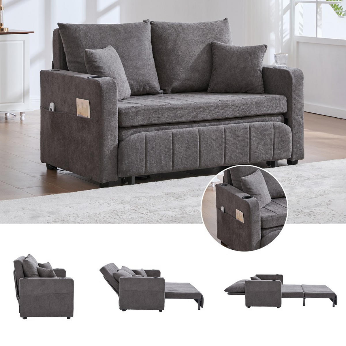 SCHLAFSOFA Zweisitzer mit Schlaffunktion,ausziehbar,Chenille,Grau - Grau, Textil (73/83/139cm) - LVHOM