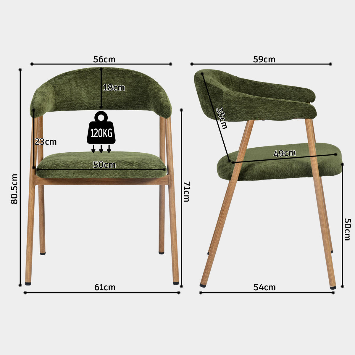 ESSZIMMERSTÜHLE 2er-Set, gepolstert, Chenille, Metallbeine in Holzoptik, Grün - Grün, Textil (61/80.5/59cm) - Meubles Cosy