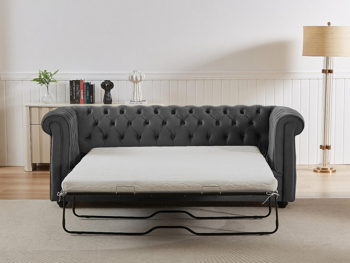 SOFA mit Schlaffunktion 3-Sitzer - Samt - Anthrazitgrau - CHESTERFIELD - Anthrazit, Textil (204/85/89cm) - Vente-Unique