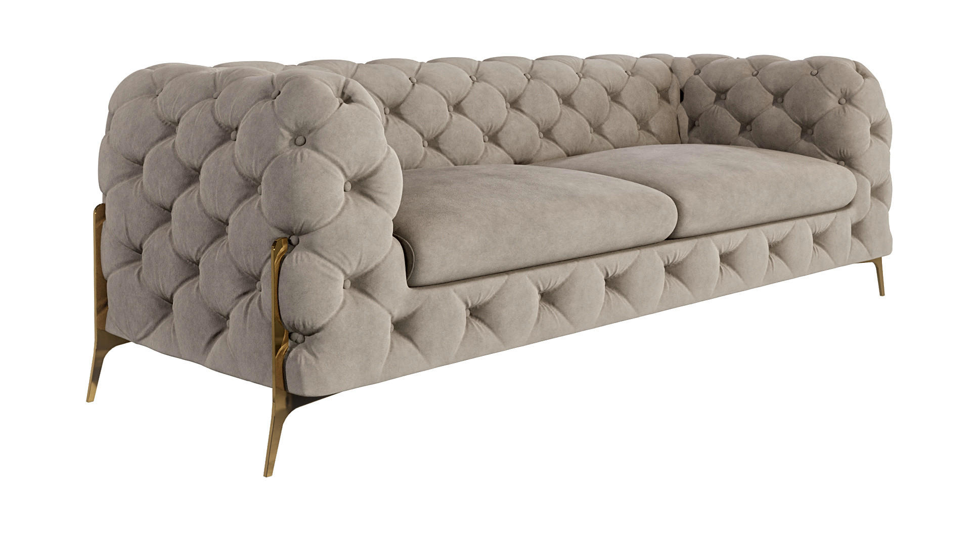 S-Style CHESTERFIELD TŘÍMÍSTNÁ POHOVKA Lexi z tmavé krémové sametu se zlatými nohami