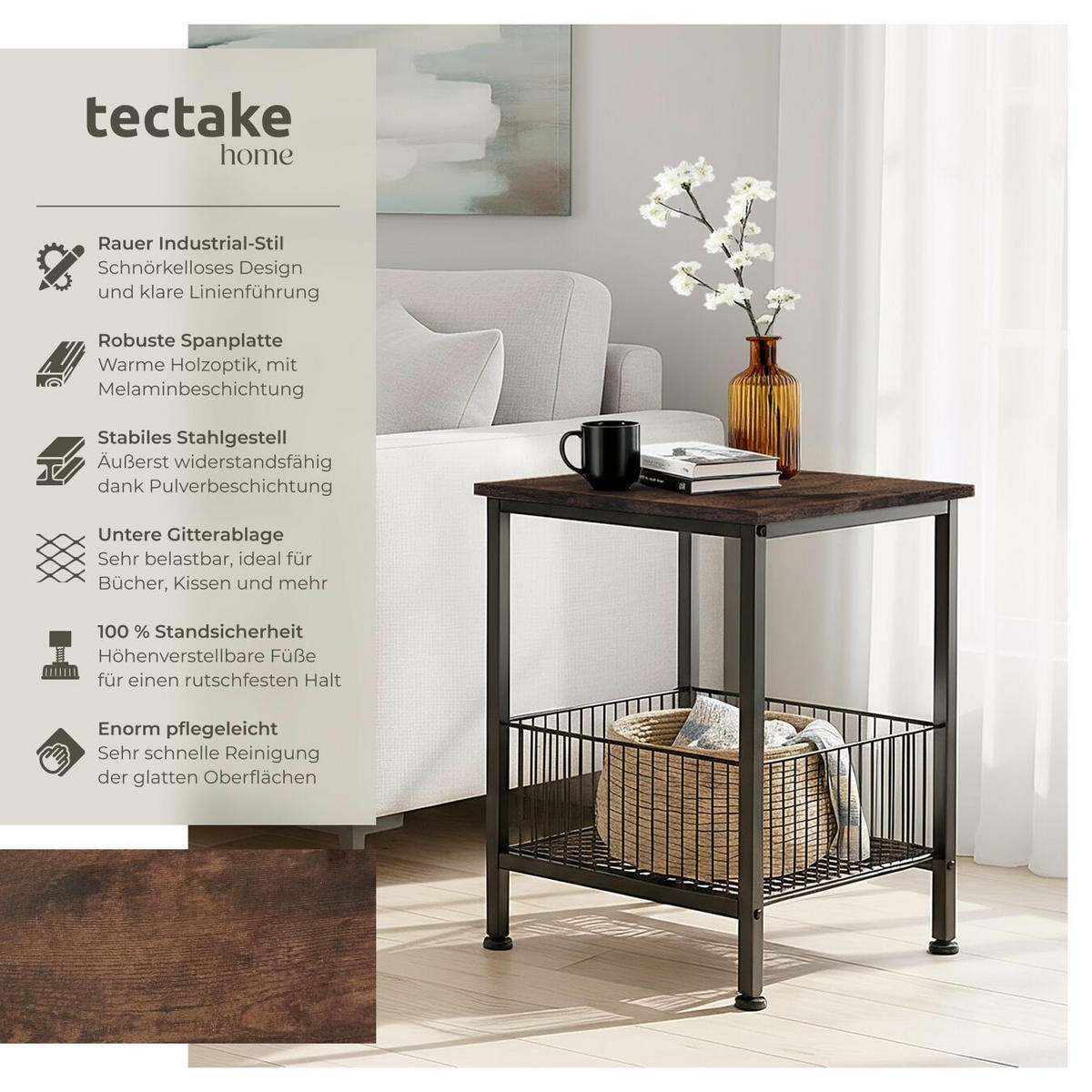 BEISTELLTISCH Grimsby, 40 x 40 x 55,5 cm, Industrial Holz dunkel, rustikal - Rostfarben, Holzwerkstoff (40/40/55.5cm) - tectake