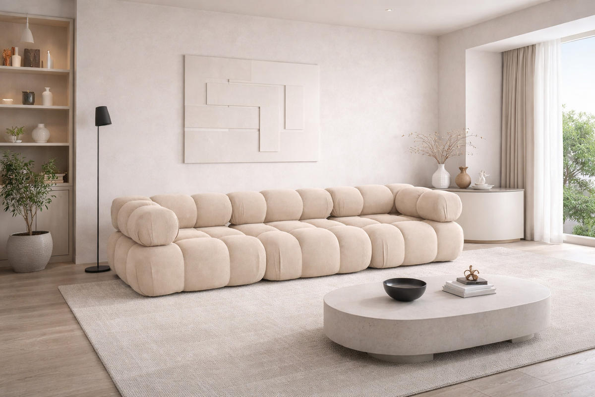 COUCH, 3-Sitzer Modular, Veloursstoff Salvador, Beige, Selia - Beige, Holz (285/70/95cm) - Kaiser Möbel