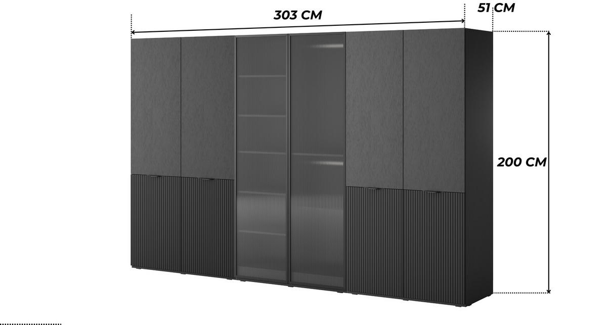 KLEIDERSCHRANK ZEN (Modular, Schwarz Matt, Schwarz & Geriffeltes Glas Flutes, 6-türig) - Schwarz, Holz/Holzwerkstoff (303/200/51cm) - Ravio