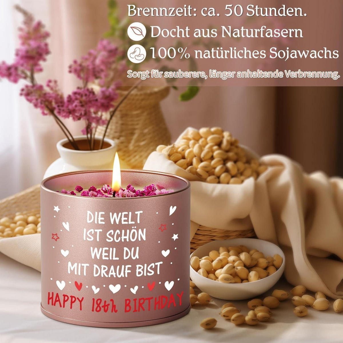 KERZE 18. Geburtstag Sojawachs Lavendelduft Metallhülle - Pink, Metall (8.5cm)