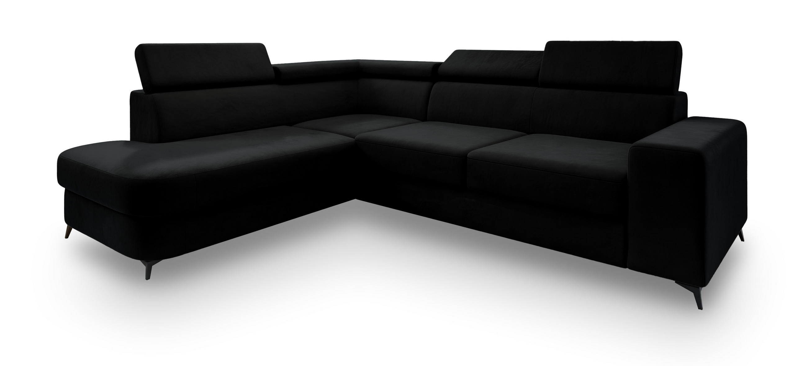 ECKSOFA ALVORO L-S Schwarz Velours-Stoff mit Schlaffunktion - Schwarz, Holz (253/190cm) - MASSENO