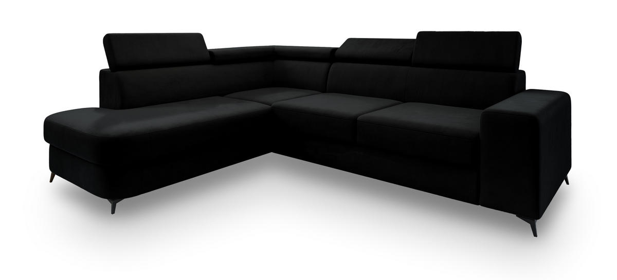 ECKSOFA ALVORO L-S Schwarz Velours-Stoff mit Schlaffunktion - Schwarz, Holz (253/190cm) - MASSENO