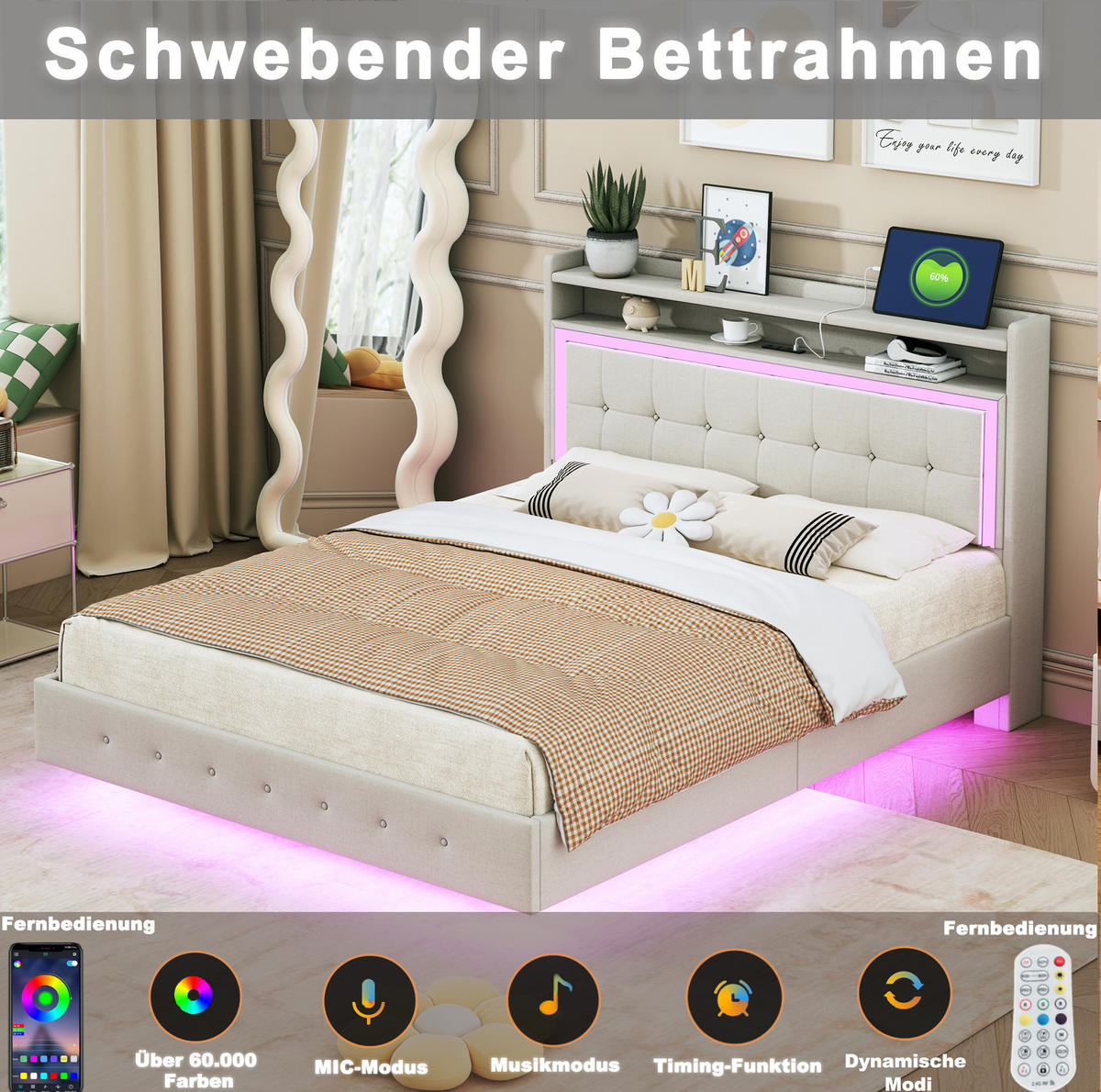 POLSTERBETT mit USB und LED 140x200 cm Leinen Beige - Beige, Holz (140/200cm) - Meubliv