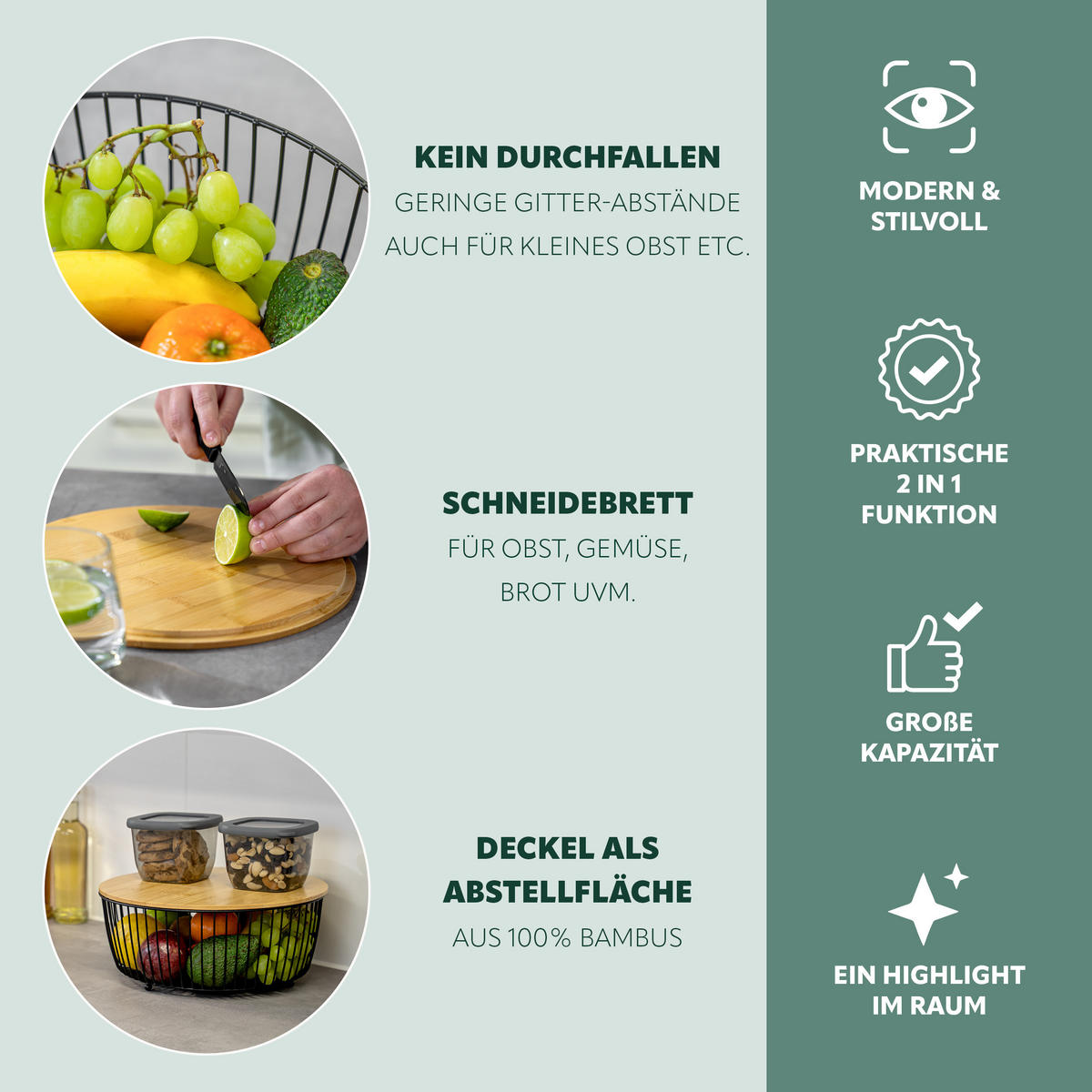 OBSTKORB mit Bambusdeckel, schwarz, rund - Schwarz, Metall (12.5cm) - eluno