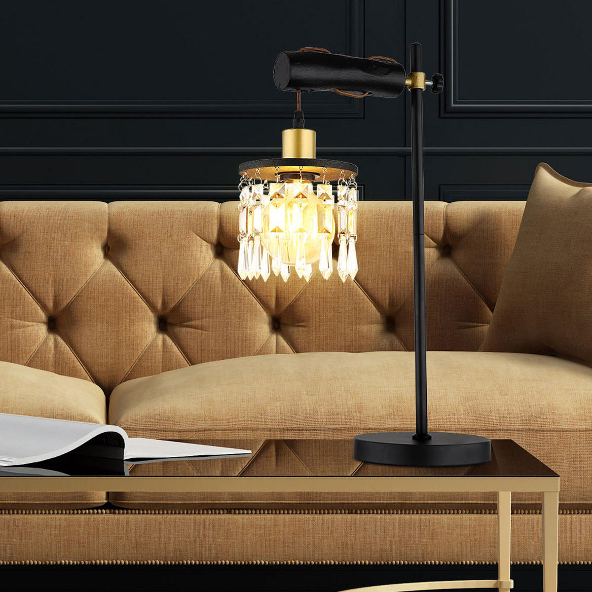 LED TISCHLEUCHTE Metall Schwarz Kristalloptik - Schwarz, Holz (34/18/55cm) - Globo Lighting