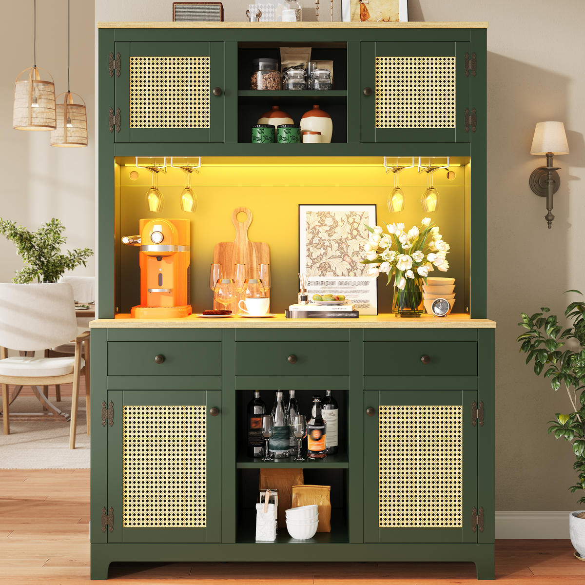 BUFFETSCHRANK Rattanoptik Antikgrün 120/40/180 cm - Salbeigrün, Holz (120/180/40cm) - PANGIVO