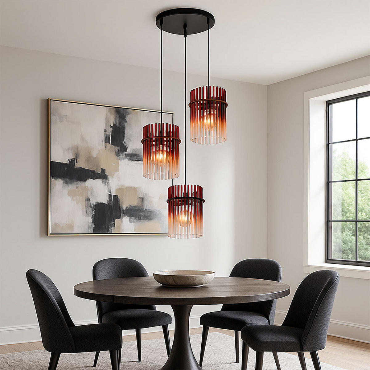 3-FLAMMIGE HÄNGELEUCHTE Metall Rot LED - Schwarz, Glas (47/47/140cm) - Globo Lighting