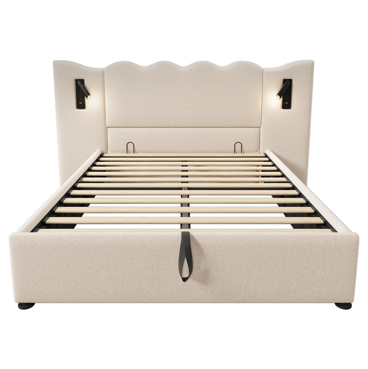POLSTERBETT 160/200 cm mit Leselampe, USB- und Type-C-Anschluss, hydraulischem Bettkasten, Leinen, Beige - Beige, Textil (160/200cm) - Redom
