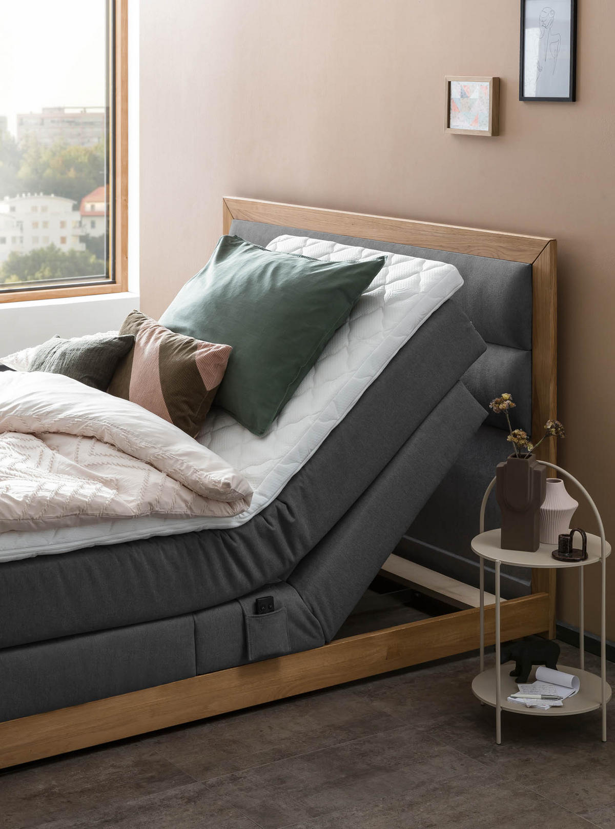 BOXSPRINGBETT ELEKTRISCH VERSTELLBAR MODELA 160x200 Anthrazit H2 und H3 Motorbett in Eiche mit 7-Zonen Taschenfederkern Matratze inkl. Visco Topper - Anthrazit, Textil (160/200cm) - Belanoti