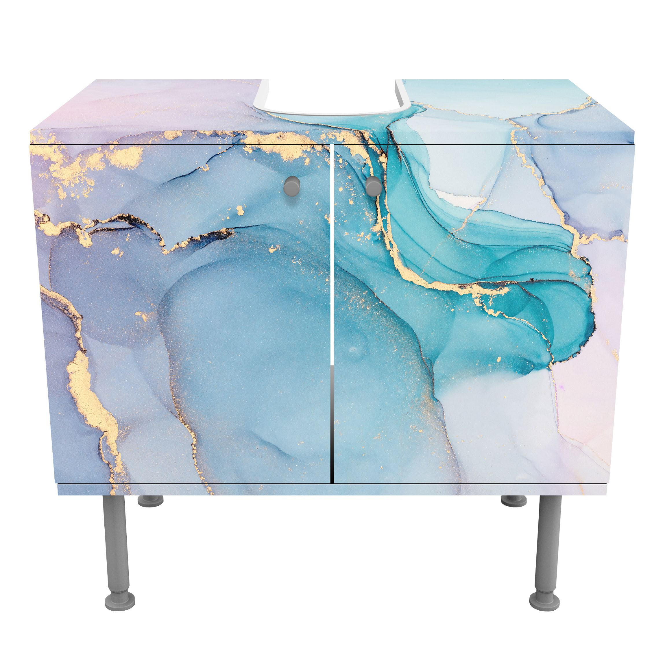 WASCHBECKENUNTERSCHRANK Aquarell Pastell Türkis mit Gold 60/55/35 cm - Pastellblau, Holzwerkstoff (60/55/35cm) - Bilderwelten