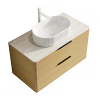 WASCHTISCHKOMBI 90x46x62.2cm Beige/Eiche/Weiß mit ovalem Keramikbecken & Travertin-Arbeitsplatte - Eichefarben, Keramik (90/62.2/46cm) - Modfu