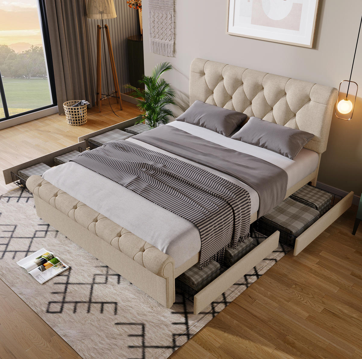 BETT mit 4 Schubladen 140x200 cm Leinen Natur inkl. Matratze - Beige, Holz (140/200cm) - Meubliv